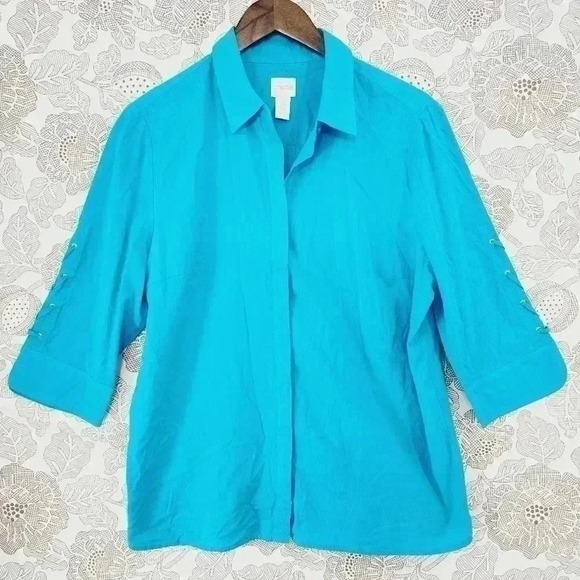 Chico's Cotton Button down Half sleeve  Braided Women's Shirt 2P/ LP blue - Picture 1 of 6